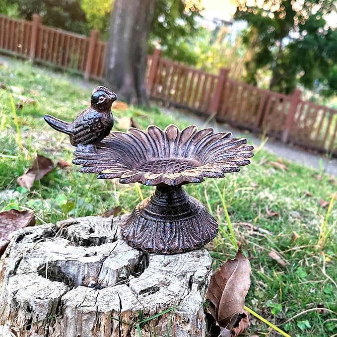 GXXMEI 5.5" Cast Iron Birdfeeder Birdbath Outdoor Garden, Dark Brown(Small Size)