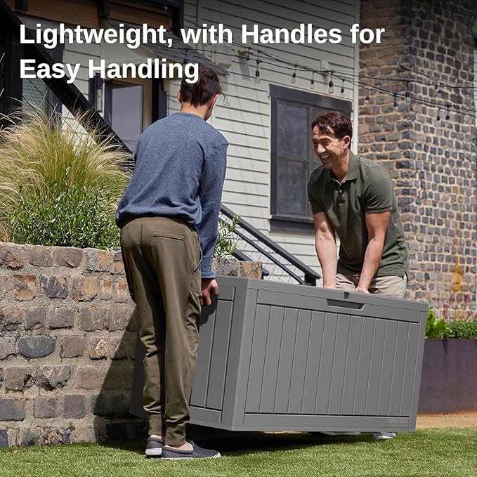 EAST OAK Outdoor Storage Box, 90 Gallon Deck Box, Water-Resistant Resin Storage Bin for Patio Cushions, Gardening Tools, UV Resistant, Lockable, Grey