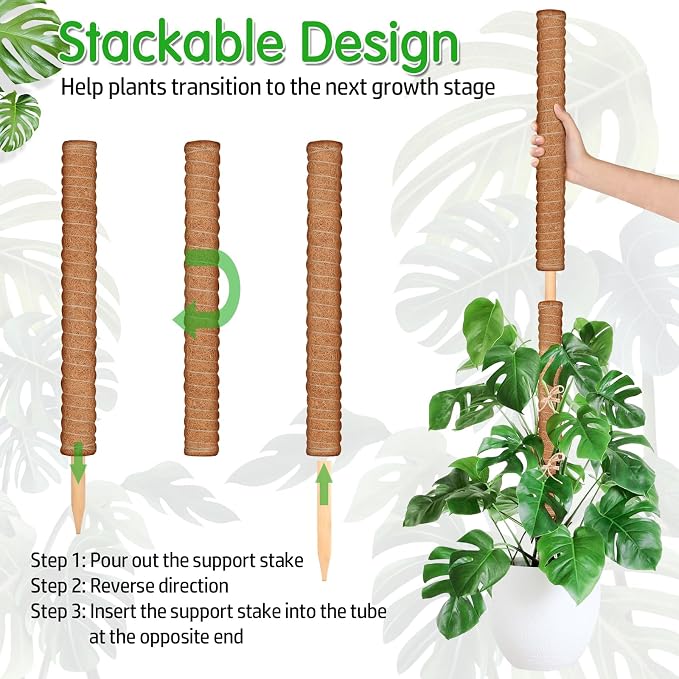 ROADPLUM 4 Pack 21.7" Coco Coir Poles, Stackable Plant Stakes Moss Pole for Plant Monstera with Twist Ties Plant Ties Labels Jute Rope, Plant Sticks Support for Climbing Plants Growth Indoor