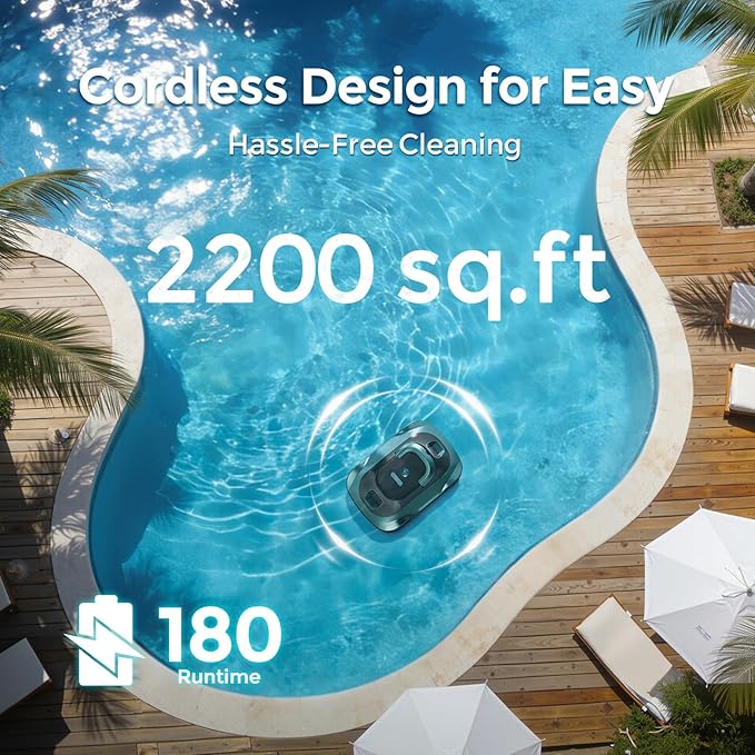C5 Cordless Robotic Pool Cleaner with 180-Min Runtime, 2.7L Large Filter Basket & Self Parking, Pool Vacuum for Above-Ground Flat Pools up to 2200 Sq.Ft