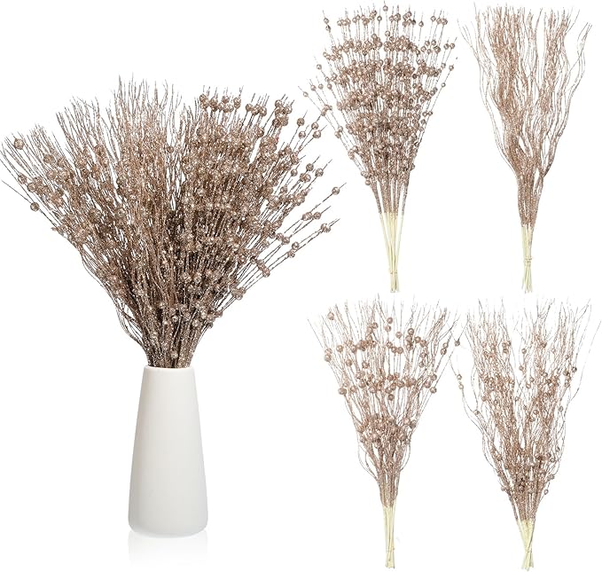 36 Pcs 17'' 15'' Christmas Artificial Glitter Berry Stems 4 Styles Xmas Decorative Tree Picks Branches Large Glittery Twigs for Christmas Tree Xmas Wreath Vase Filler(Champagne Gold)