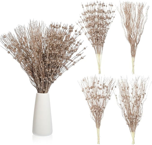 36 Pcs 17'' 15'' Christmas Artificial Glitter Berry Stems 4 Styles Xmas Decorative Tree Picks Branches Large Glittery Twigs for Christmas Tree Xmas Wreath Vase Filler(Champagne Gold)