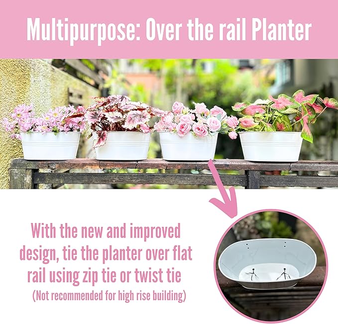 LaLaGreen Bundle- 10 Pack, 4 Inch White Metal Pot + 5 Pack, 9.8 Inch Hanging White Metal Pot Deck Rail Fence Herb Flower Plant Boxes Window Patio Porch Bucket with Hook Wall Mount Outdoor Garden Decor