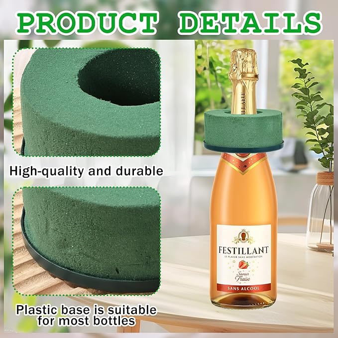 12 Pcs Mini Floral Foam Holder for Wine Bottle Topper, 3.9 Inch Flower Foam Round with Plastic Base for Wine Bottle Decor, Wedding Party Centerpiece