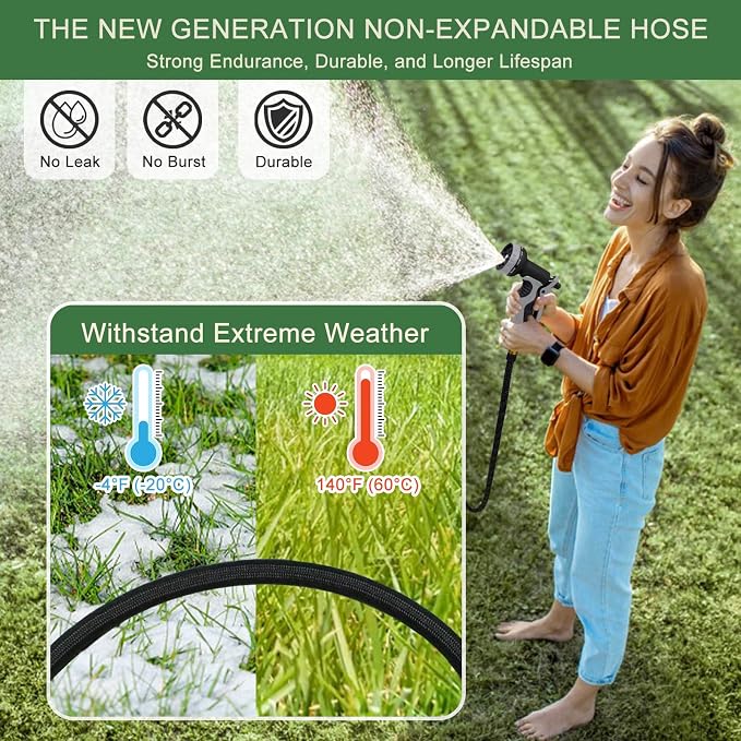 Garden Hose Non-Expandable 50 ft, Lightweight Flexible Water Hose with 10 Function Spray Nozzle, Outdoor Leak Proof, Kink-Free, Portable Hose for Yard, Lawn, Camper, High-Density Fabric, Black Grey