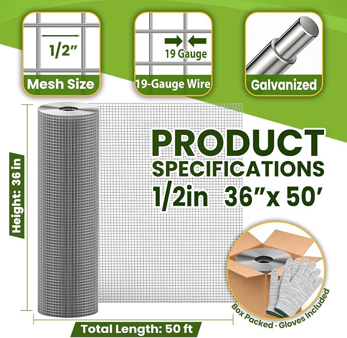 1/2 inch 36inx 50ft Hardware Cloth Chicken Wire Fencing 19G, Hot Dipped Galvanized After Welding, Wire Mesh Roll, Garden Fence, Poultry and Rabbit Barrier, Outdoor Metal Fencing
