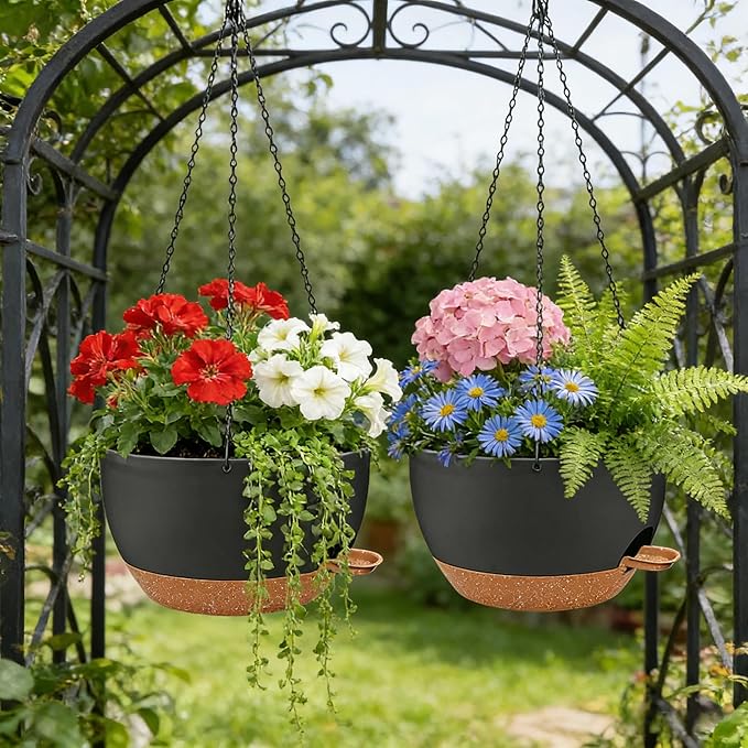 12" Self Watering Hanging Planters with Chains, Black Brown，2 Pack | 43 Oz removable self-watering reservoir, for indoor/outdoor plants, patio & garden