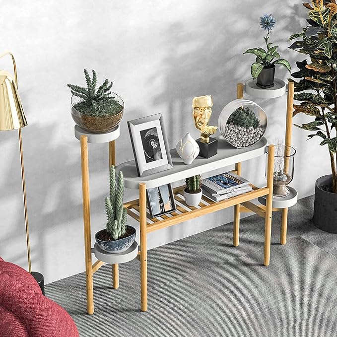 Wisuce Bamboo Plant Shelf Indoor, 3 Tier Tall Corner Plant Shelves Holder & Plant Display Rack for Outdoor Garden Indoor Home