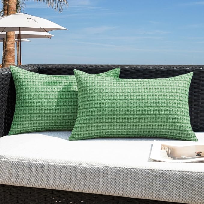 Kevin Textile Outdoor Waterproof Throw Pillow Covers Pack of 2 Boho Farmhouse Decorative Lumbar Cushion Covers for Garden Patio Tent Balcony Bench Couch Sofa 14x24 Inch, Sage Green