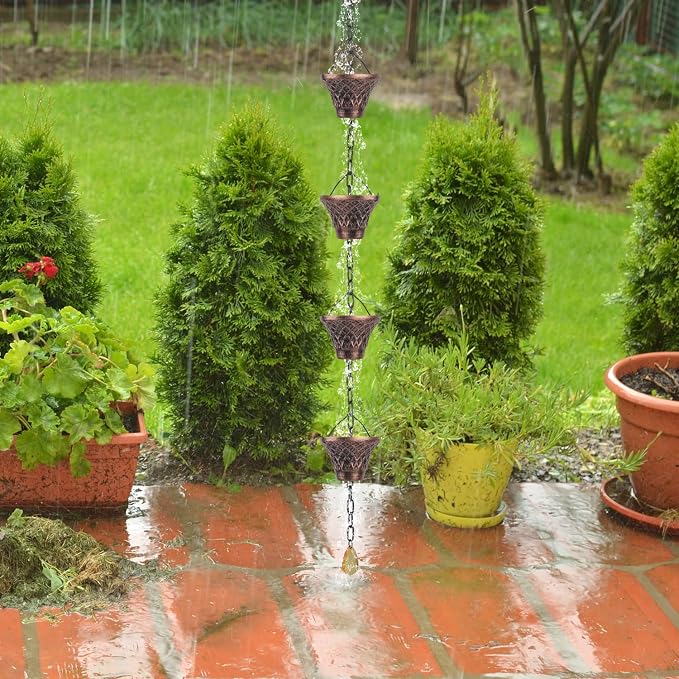 Rain Chains 8.5 Ft, Gutter Downspouts Diverter Outdoor Metal Copper Plaid Rainwater Extensions, 12 Cups