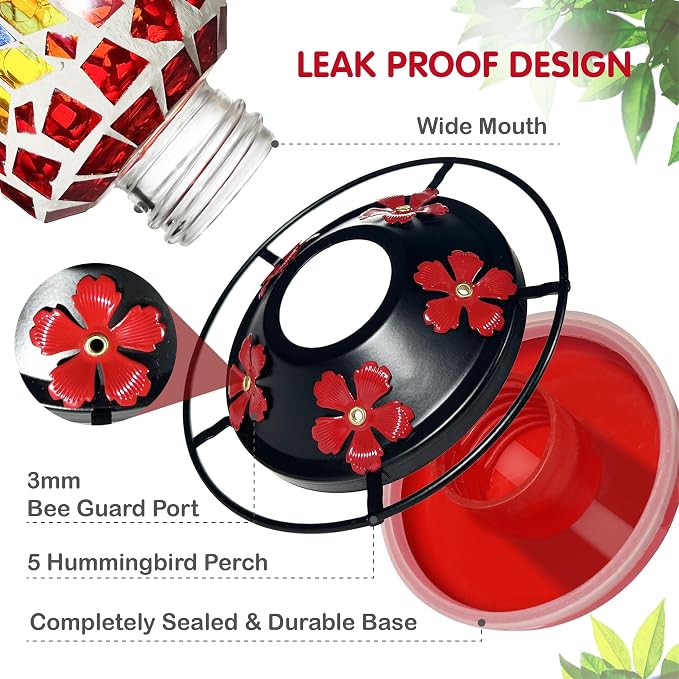 Glass Hummingbird Feeder, Red Hummingbird Feeders for Outdoors Hanging, 19 Ounces, Mosaic Flower Bottle Easy to Clean, 5 Feeding Ports, Ant Moat Included