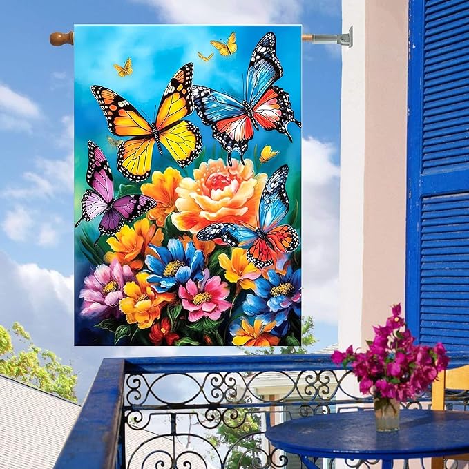 Spring Summer House Flags 28x40 Double Sided Large Butterfly Garden Flag Flower Yard Flags for Outside Butterflies Outdoor Decorative Floral Welcome Flags