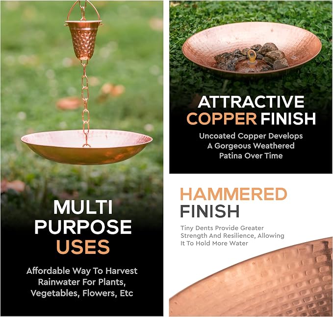 Copper Anchoring Basin – Hammered Metal Bowl for Rain Chain Downspout Gutters – Beautiful Decorative Fountain Dish Display for Outdoor Garden, Lawn & Patio Water Feature – 11” Wide x 2” High