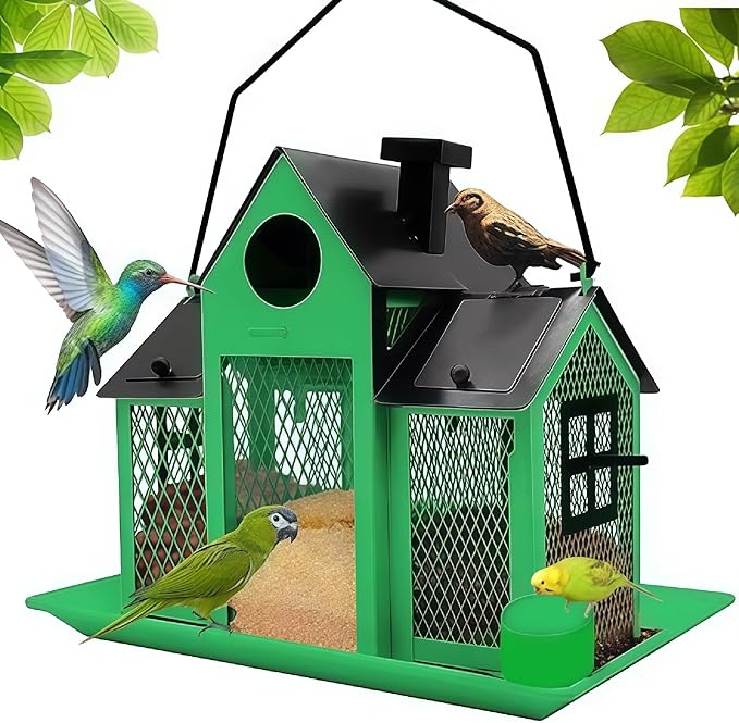 Solar Bird Feeders House for Outside Hanging, Metal Wild Bird Feeder for Outdoors Large Capacity Cardinal Birdfeeder Birdhouses Metal Bird Feeding Station Green