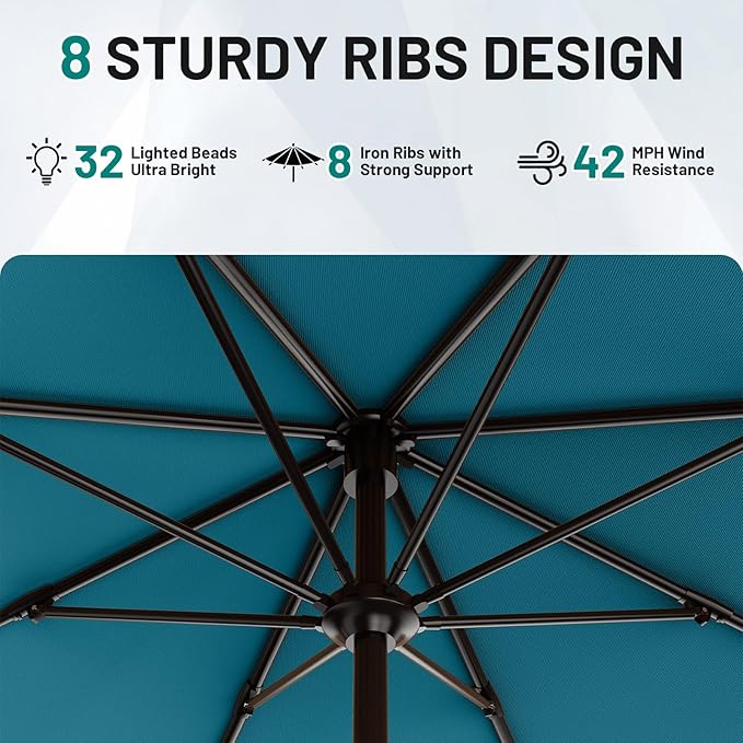 AreShark 11FT Large Patio Umbrella with Solar Lights, Lighted Solar Umbrella with Crank, Outdoor Table Market Umbrellas for Garden, Deck, Backyard, Pool and Beach, Lake Blue