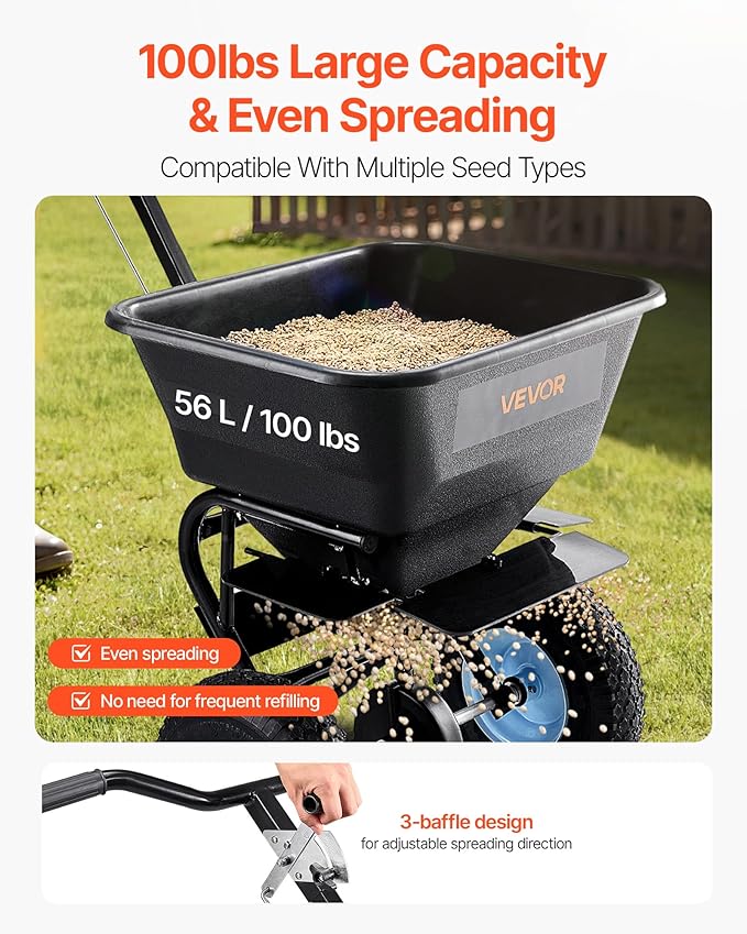 VEVOR Broadcast Spreader, 100LBS Capacity, Walk-Behind Push Spreader, 0-9.8ft Spreading Width, 13 in All Terrain Pneumatic Tires, Fertilizer Spreaders with Hopper Grate, for Seed Salt Ice Melt