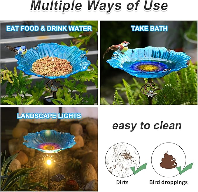 Homight Solar Glass Blue Bird Bath, Yard Art，Garden Outdoor Birdbath with Metal Stake with White LED Light Metal Stake Garden Decor Gifts