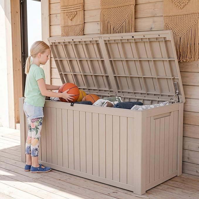 180 Gallon Outdoor Storage Box, Waterproof Resin Deck Box for Patio Cushions & Gardening Tools, Lockable & Durable Outdoor Storage Bin, Stylish Grey Design