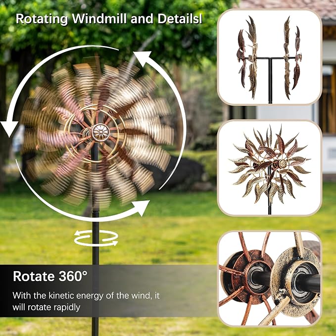 Large Wind Spinners Outdoor Metal, 360° Double-Layer Garden Wind Spinners Sculptures, 63" ×13.4", Kinetic Pinwheels for Yard and Garden Patio & Lawn (Blown)