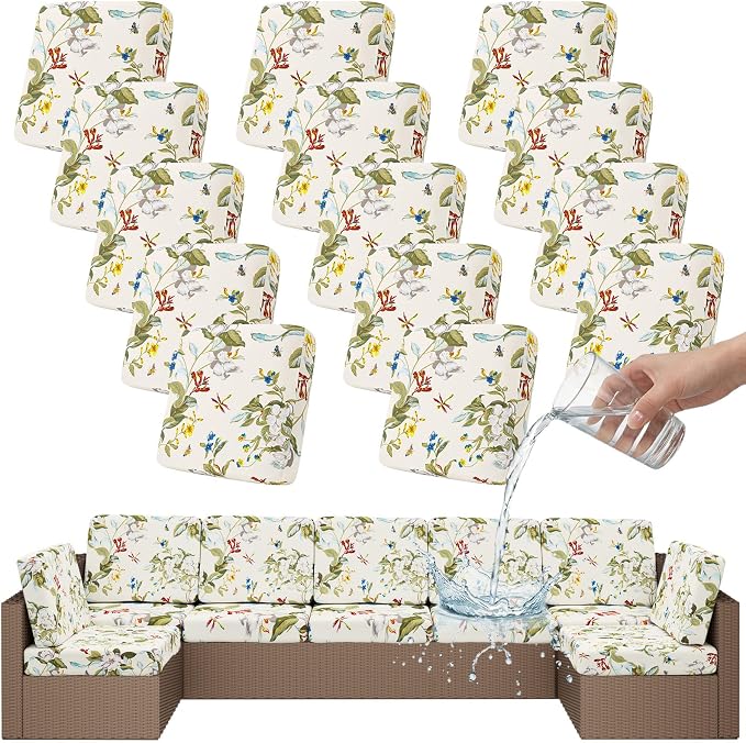 Smiry Waterproof Patio Cushion Covers, Stretch Outdoor Couch Slipcovers Replacement Washable Furniture Protector Sofa Chair Seat Cover for Dogs and Pets (14 Pcs, Beige and Green)