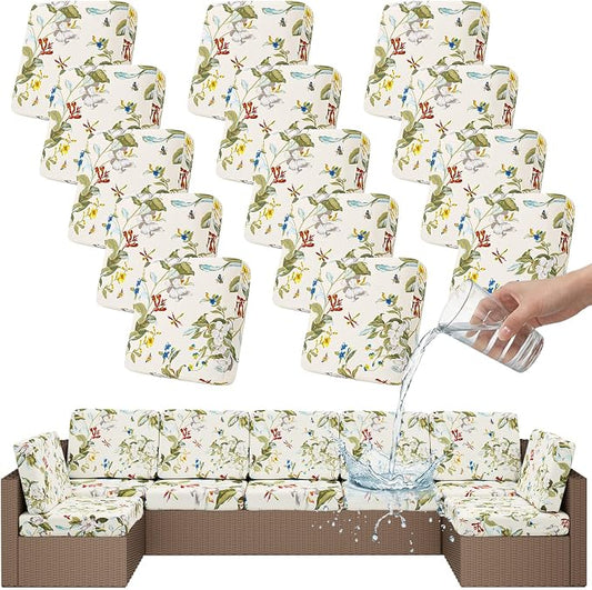 Smiry Waterproof Patio Cushion Covers, Stretch Outdoor Couch Slipcovers Replacement Washable Furniture Protector Sofa Chair Seat Cover for Dogs and Pets (14 Pcs, Beige and Green)