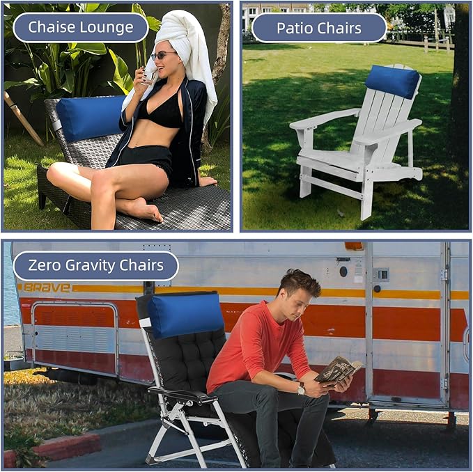 Chaise Lounge Head Pillow, 2 Pack Outdoor Lounge Chair Pillows with Adjustable Strap Longue Head Pillow Headrest Pillows for Patio Backyard Beach Pool Garden Recliner(Royal Blue)