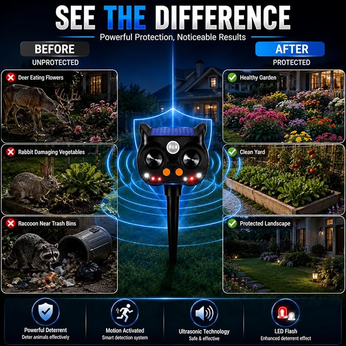 New Solar Animal Repellent Ultrasonic Outdoor for Deer Cat Skunk Squirrel Racoon Fortress Pro Animal Repeller Deterrent Devices with LED Strobe,Motion Sensor,Adjustable Volume and Modes for Yard,2 Pcs