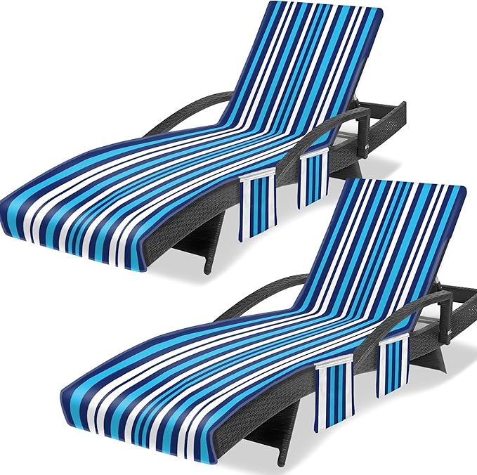 Lounge Chair Towel Cover, Beach Chair Covers (Pack of 2), Chaise Lounge Cover with 3 Pockets for Pool Beach Garden Courtyard Outdoor Trips, 85 x30 in,Striped Dark Blue White & Sky Blue