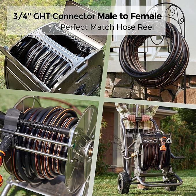 Giraffe Tools Garden Hose 5/8" Custom Length, No Kink, Flexible, Leakproof Water Hose, 600 Burst PSI, 75ft Male Female Fittings,Black Orange