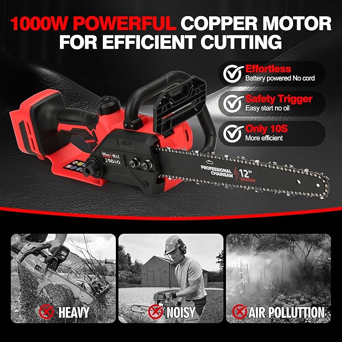 Brushless Electric Chainsaw 12" Cordless Tool Only for Milwaukee M18 18V Battery with Auto Oiler & Security Lock, for Tree Saw Trimming and Branch Wood Cutting (Tool Only)