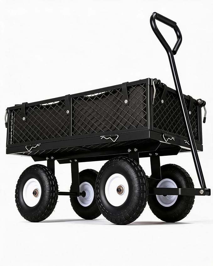 GarveeTech 400LBS Heavy Duty Steel Garden Cart, Garden Wagon Cart on Wheels, Metal Yard Utility Wagon with Removable Mesh Sides, 10" All Terrain Tires, 180° Rotating Handle for Lawn, Garden, Farm