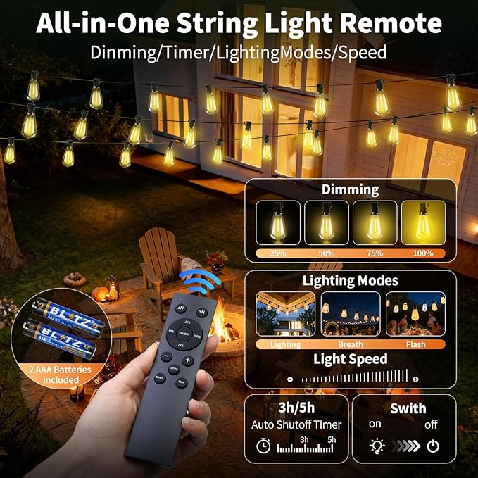 Solar Lights Outdoor Waterproof: ST38 33FT 10M Shatterproof Bulbs Patio Lights - Solar Powered & USB Charging- Remote Control 3 Light Modes Dimmable Solar Light - Camping Backyard Garden