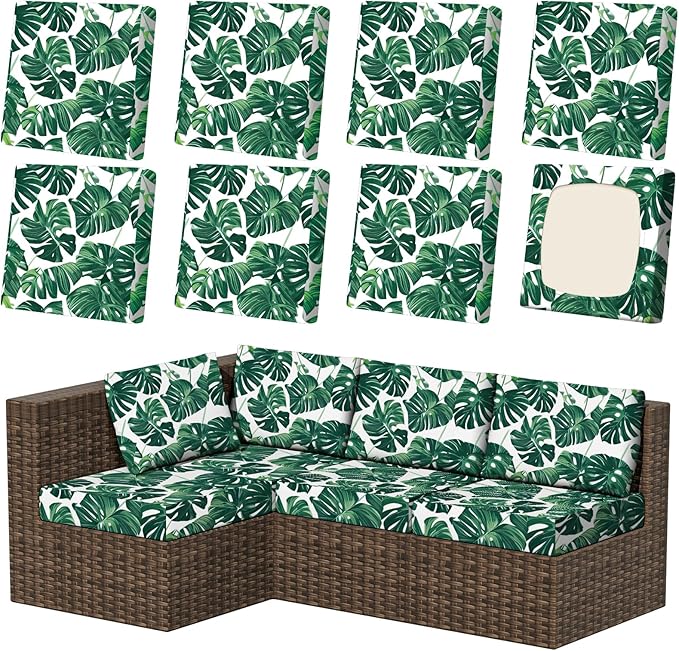 8Pcs Patio Stretch Cushion Covers, Outdoor Couch & Sofa Replacement Slipcovers for Patio Furniture Cushion Covers, Washable Reusable Furniture Protector, Square Large, Green Leaf