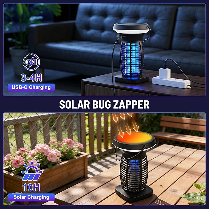 Solar Bug Zapper Outdoor,Rechargeable & Solar Powered,4200V High Voltage for Effective Mosquito & Multi-Insect, Pet/Child Safe with UV Light,Waterproof for Camping Courtyard Indoor Outdoor