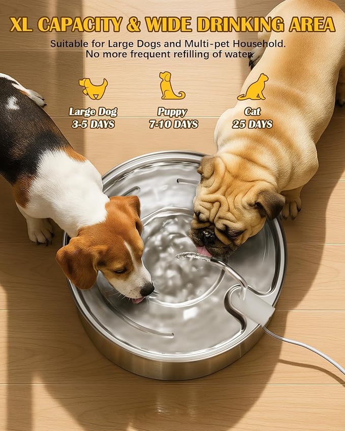 Dog Water Fountain for Large Dogs- 270oz/8L Stainless Steel Dog Water Bowl Dispenser Automatic Pet Water Fountain with Ultra-Quiet Pump/Quadruple Filtration for Dogs, Cats, Multiple Pets