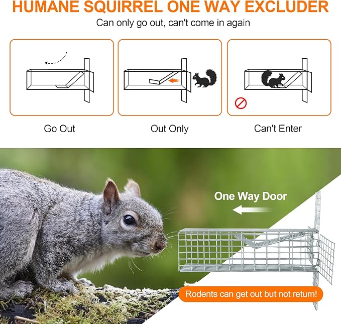 One Way Squirrel Door Excluder, Humane Squirrels, Chipmunks Contactless Excluder, for Outdoor Spaces Like Attics, Chimneys - Includes Full Installation Kit