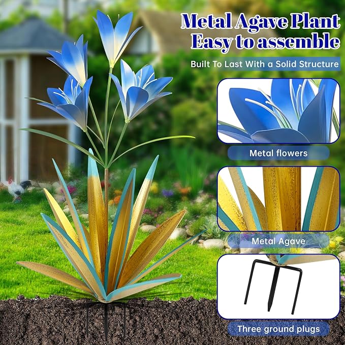 TOMBABY 32.28 Inch Metal Agave Plant Outdoor Decoration Lily Mexican Yard Art Garden Gift Home Decor Hand Painted Metal Agave Garden Yard Statue (1pc, Blue)