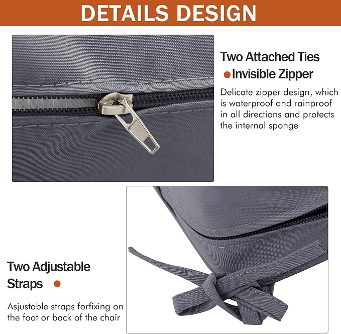 Outdoor Chair Cushions 16 x 17 Inch, Set of 4, Water Resistant Patio Chair Cushions with Tie 3 Year Color Fastness Thick Outdoor Seat Cushion for Garden Lawn Patio Furniture Dark Grey