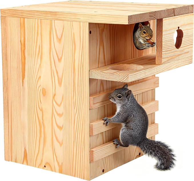 Large Squirrel House for Outside with Predator Guard, Squirrel Nesting Box with Exterior Porch, Easy Assemble Wooden Squirrel Boxes, Suitable for Gray Squirrels, Fox Squirrels, Red and Chipmunks