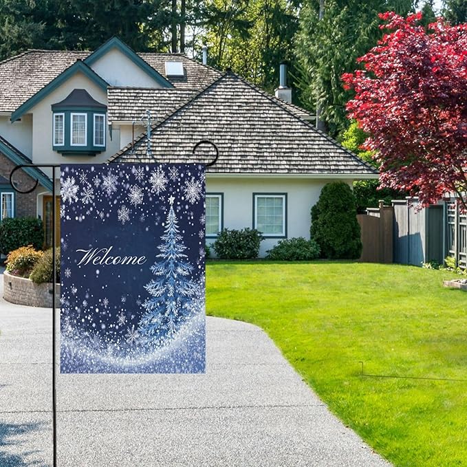 Christmas Tree Blue House Flag 28x40 Inch Double Sided Outside Silver Snowflake Welcome Winter Seasonal Yard Outdoor Flag Banner for Garden Lawn Patio Holiday Decorations