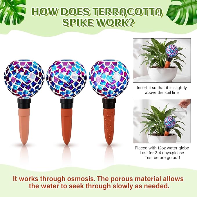 Frienda 3 Pack Mosaic Self Watering Spikes Plant Watering Globes Slow Release Vacation Insert Automatic Plant Waterer Device for Indoor Outdoor Automatic Waterer