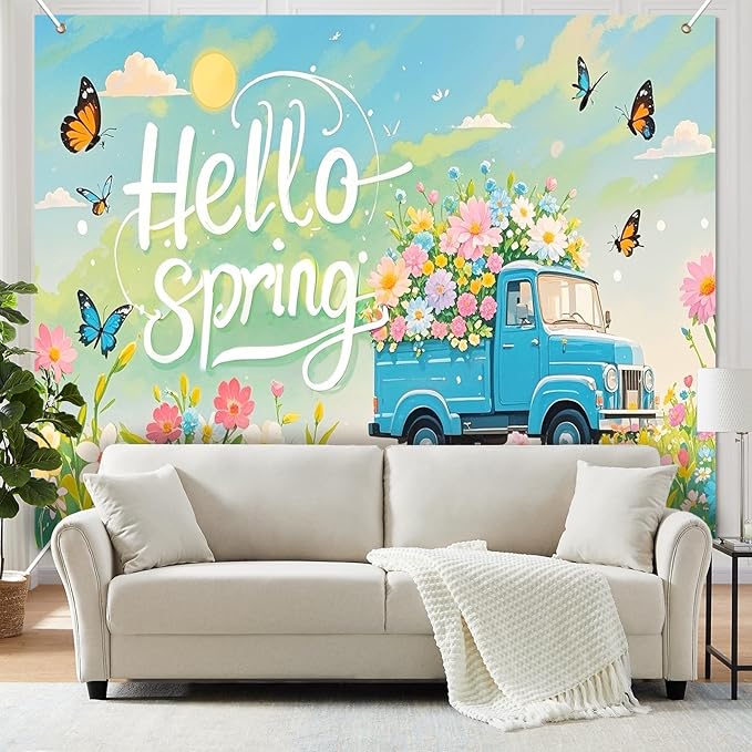 BlissYard Hello Spring Backdrop Decoration Garden Floral Banner 8x6ft Spring Photo Backdrop Vintage Truck Background for Spring Party Easter Celebration Photo Booth Event Wall Display