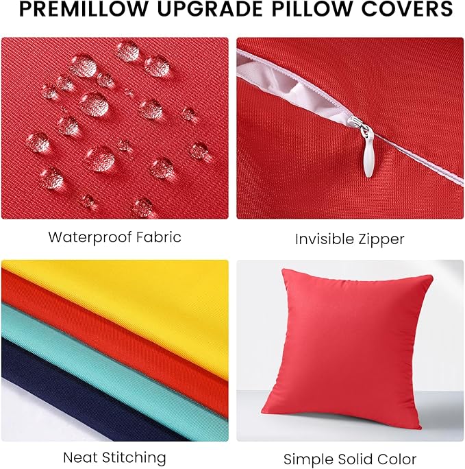 Premillow Outdoor Pillow Covers Set of 2, Decorative Farmhouse Waterproof Pillow Covers, Solid Linen Pillowcase Cushion Covers for Patio Garden Balcony Couch Sofa 18x18 inch, Red