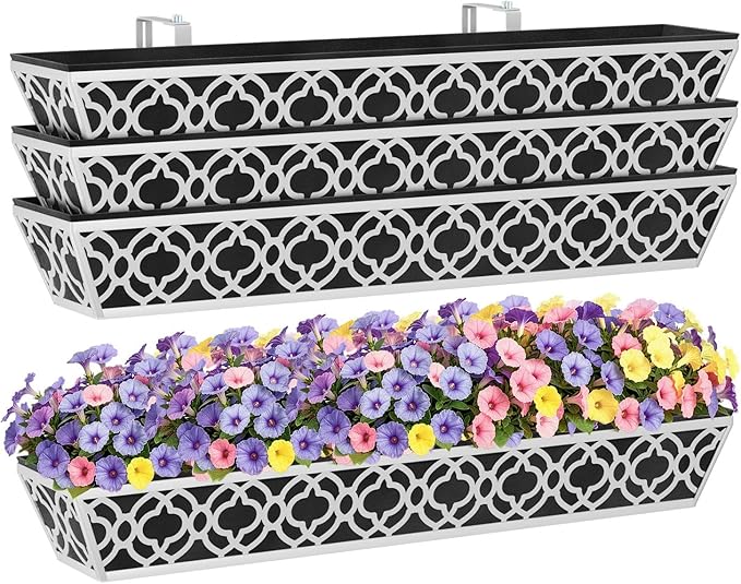 HFHOME 4 Pack 36 Inch Railing Planter Boxes with Adjustable Brackets & Non-Woven Fabric Liner Adjustable Gray Metal Window Box Planter for Balcony Deck Fence, Hanging Flower Basket for Outdoor Garden