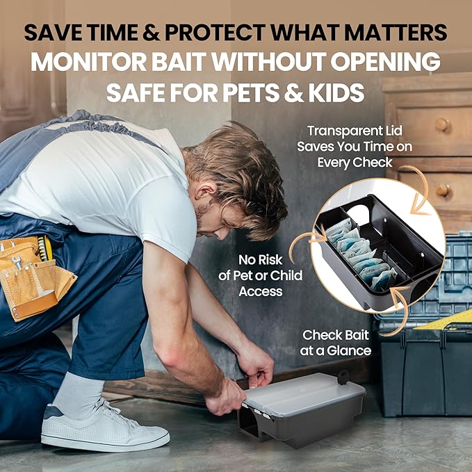 Lockable Rat & Mouse Bait Stations (4-Pack) – Secure Bait Box with Clear Lid & Dual-Entry Design – Weather-Resistant, Reusable (Bait Not Included)