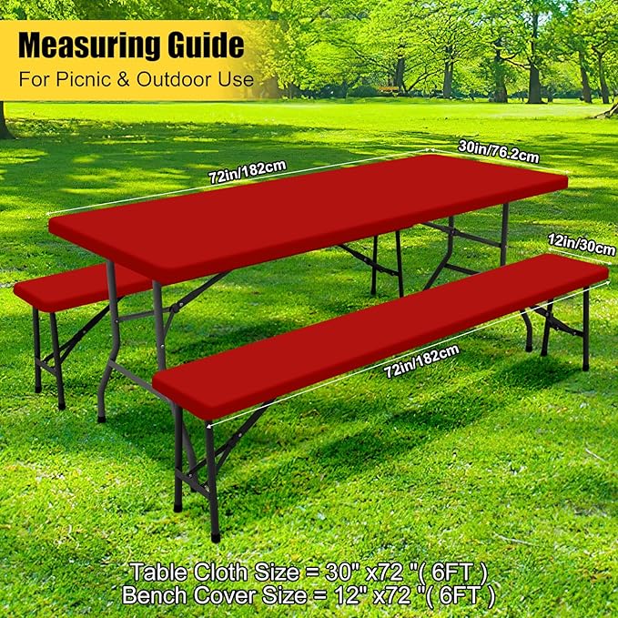 Smiry Picnic Table Cover with Bench Covers, Waterproof Elastic Fitted Polyester Tablecloths for 6 Ft Rectangle Tables, Washable Windproof Tablecloth for Camping, RV & Outdoor (Red, 30x72 Inches)