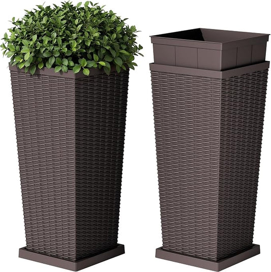 Devoko Resin Tall Planters for Outdoor Plants Set of 2, Large Taper Outdoor Planter Pots with 4 Drainage Holes, Flower Pots Modern Decor for Porch, Patio, Backyard, Garden(Brown, 30''with Trays)