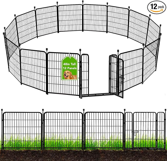 ADAVIN Tall Garden Fence 48 in(H) 12 Panels Total 26.6 FT(L), Heavy Duty Iron Metal Fence and Border, Flower Bed Fencing, outdoor Animal Barrier Fences, Dog Fences with gate for the Yard Camping,Black