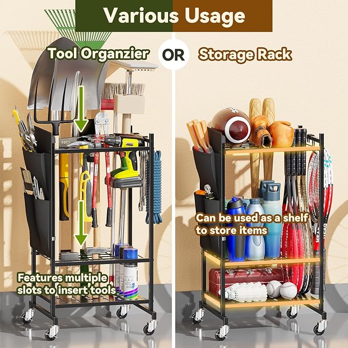 Garden Tool Organizer, Yard Tool Holder Rack with Hooks and Pockets, Rolling Heavy Duty Metal Garage Tool Storage Cart for Outdoor, Black