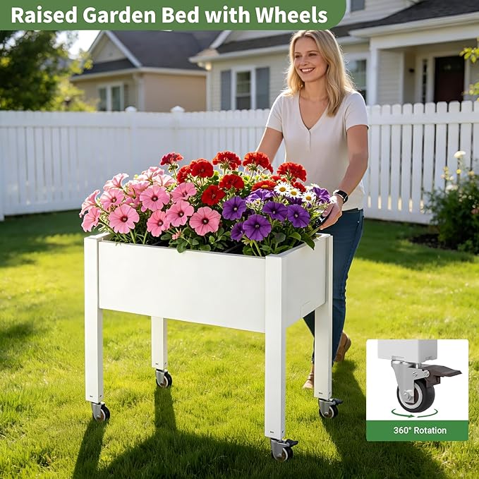 Miory Raised Garden Bed with Wheels, Mobile Raised Planter, Elevated Garden Bed with Water Level Monitor and Drainage System, Planter Box for Garden Outdoor Patio Balcony